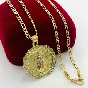 14K Gold F Virgen de Guadalupe Necklace Pendant 20" Cadena de Guadalupe 28x25mm